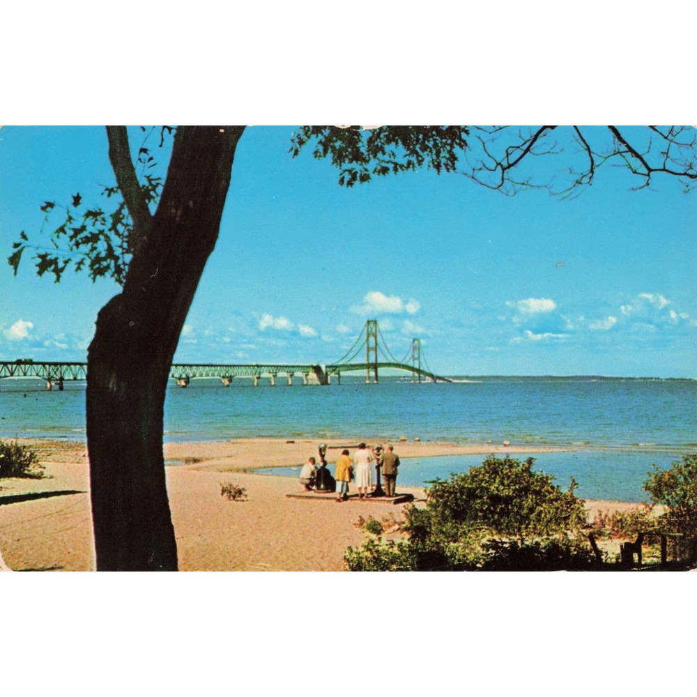 Vintage Mackinac Bridge Postcard Lake Michigan Shores Michigan 7C-K2306